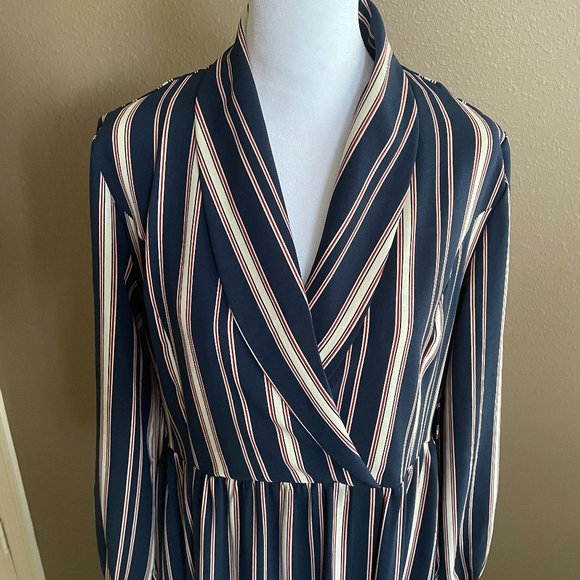Navy Stripe Surplice Collar Long Sleeve Dress Overlay - Picture 3 of 11